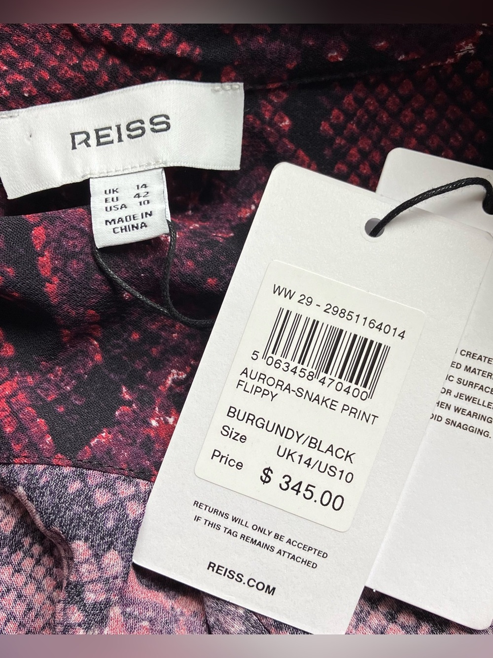 Reiss Aurora Burgundy Snake Print Flippy Belted Knee Length Dress size 10 - Picture 4 of 10